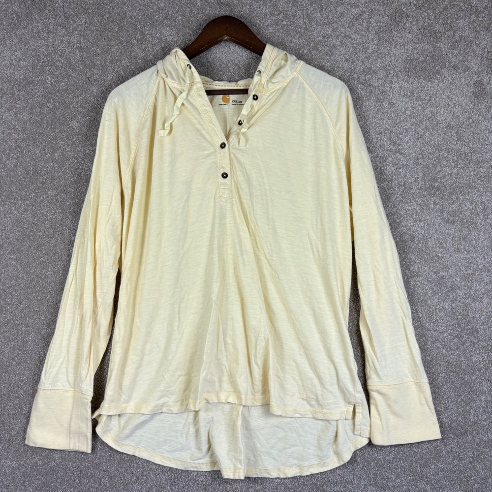 Carhartt Womens XXL Pale Yellow Henley Hooded Long Sleeve Slub Knit Shirt